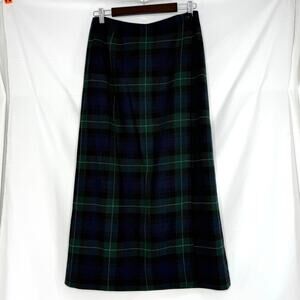 Eddie Bauer Plaid Wool Wrap Maxi Skirt 10 Blue Green Tartan Fall Winter Classic